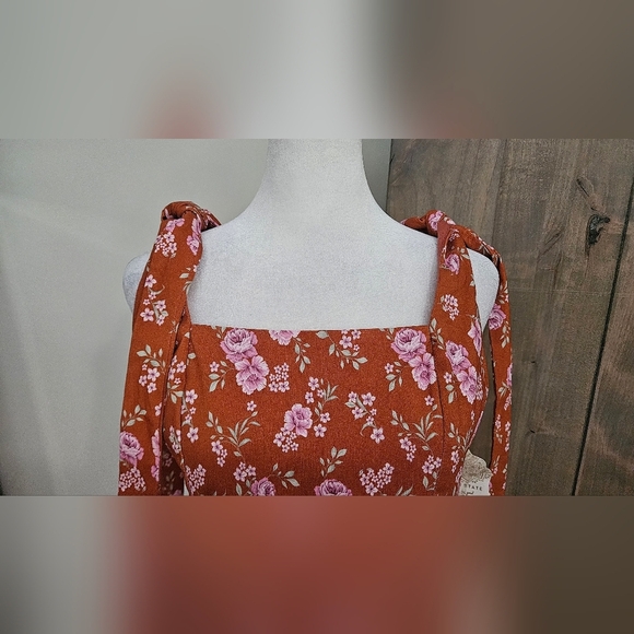 ALTAR'D STATE Floral Sundress Square Neck Shoulder Ties In Rust/pink. Size M NWT - Picture 9 of 12